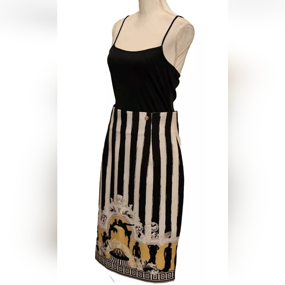 Versace Collection Baroque Greek Key Black Gold Stripe Fully Lined Midi Skirt - Picture 7 of 15